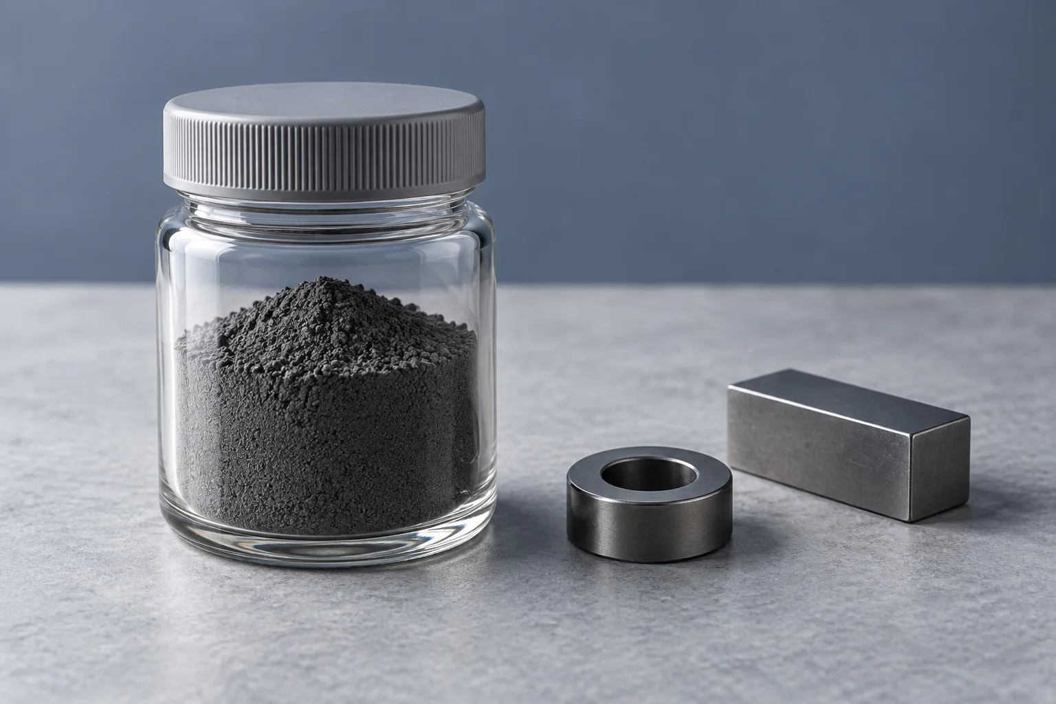 Sealed dark powder sample beside ring and block magnets