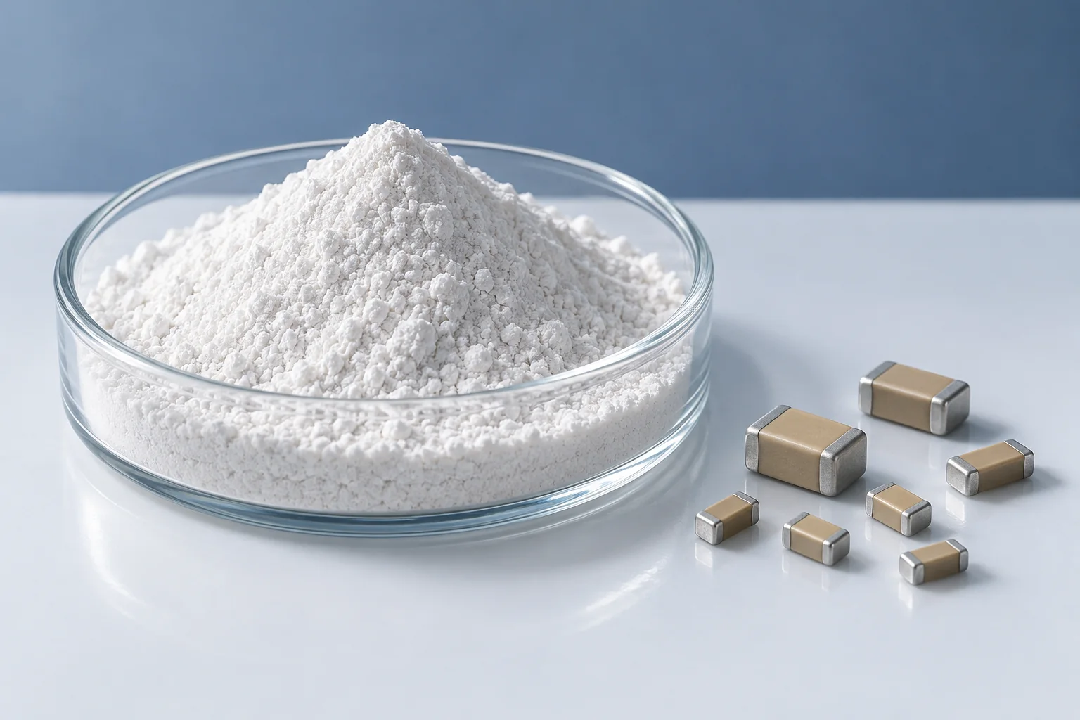 Ceramic powder in a glass dish beside small chip capacitors