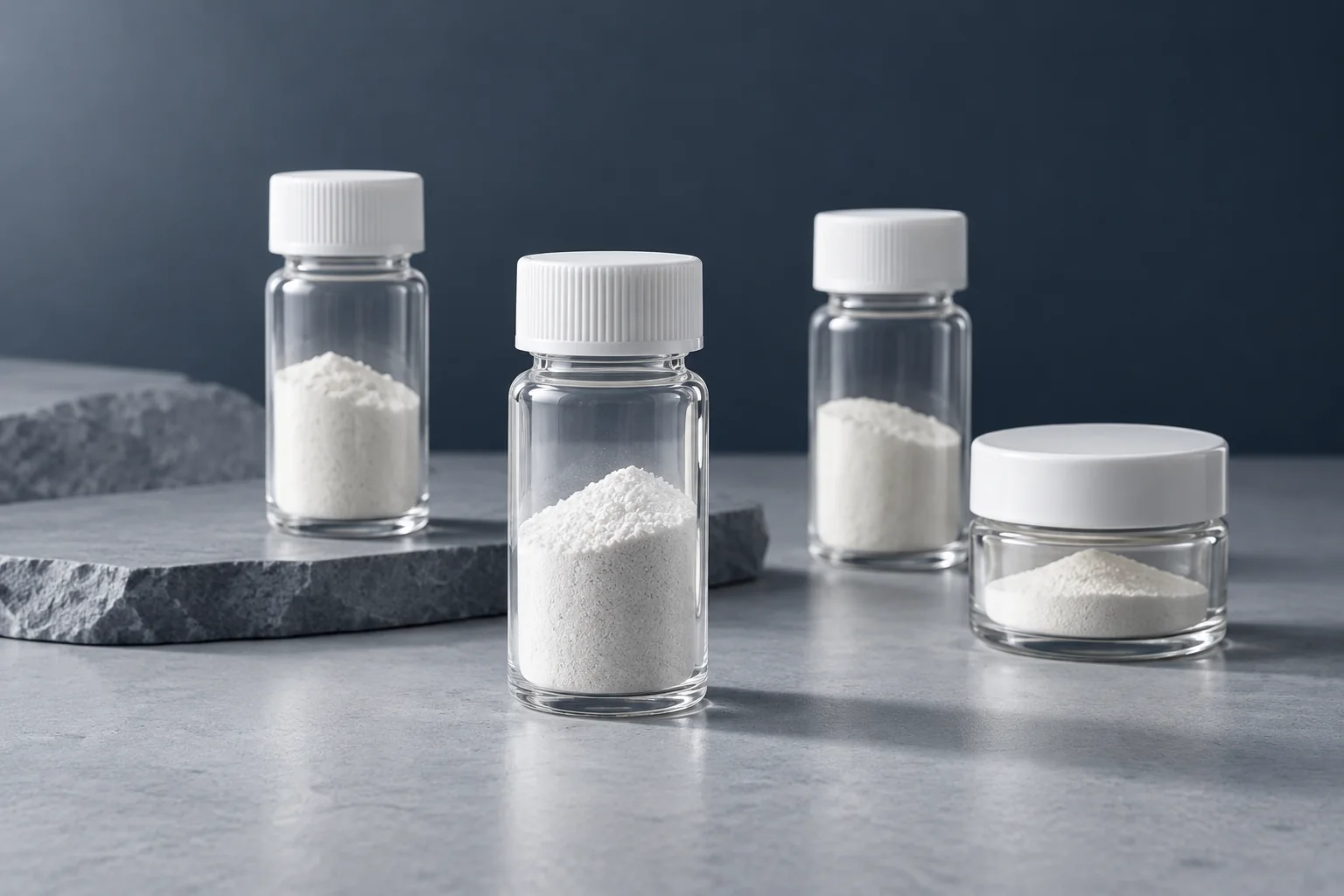 Closed sample vials holding pale oxide powders