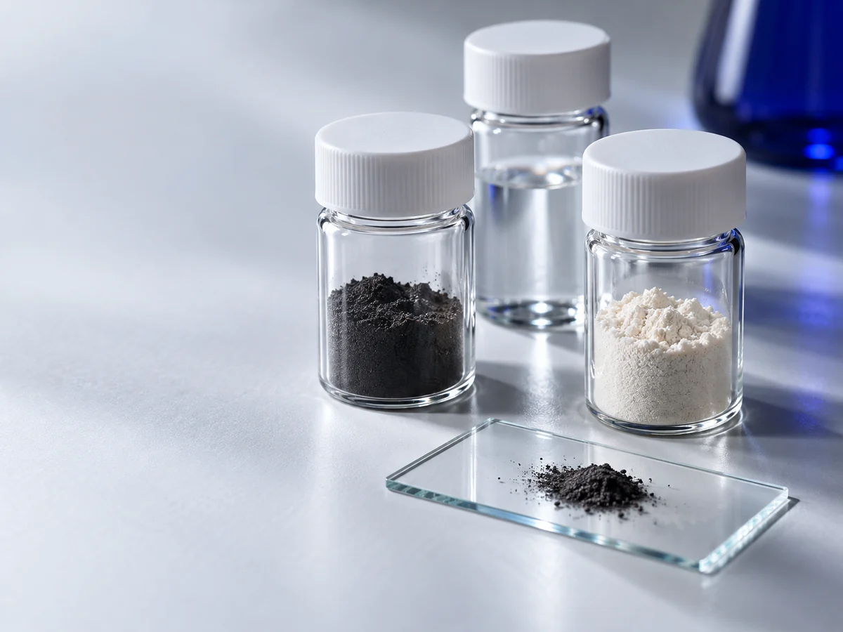 Unbranded sample bottles and a glass slide in a material study