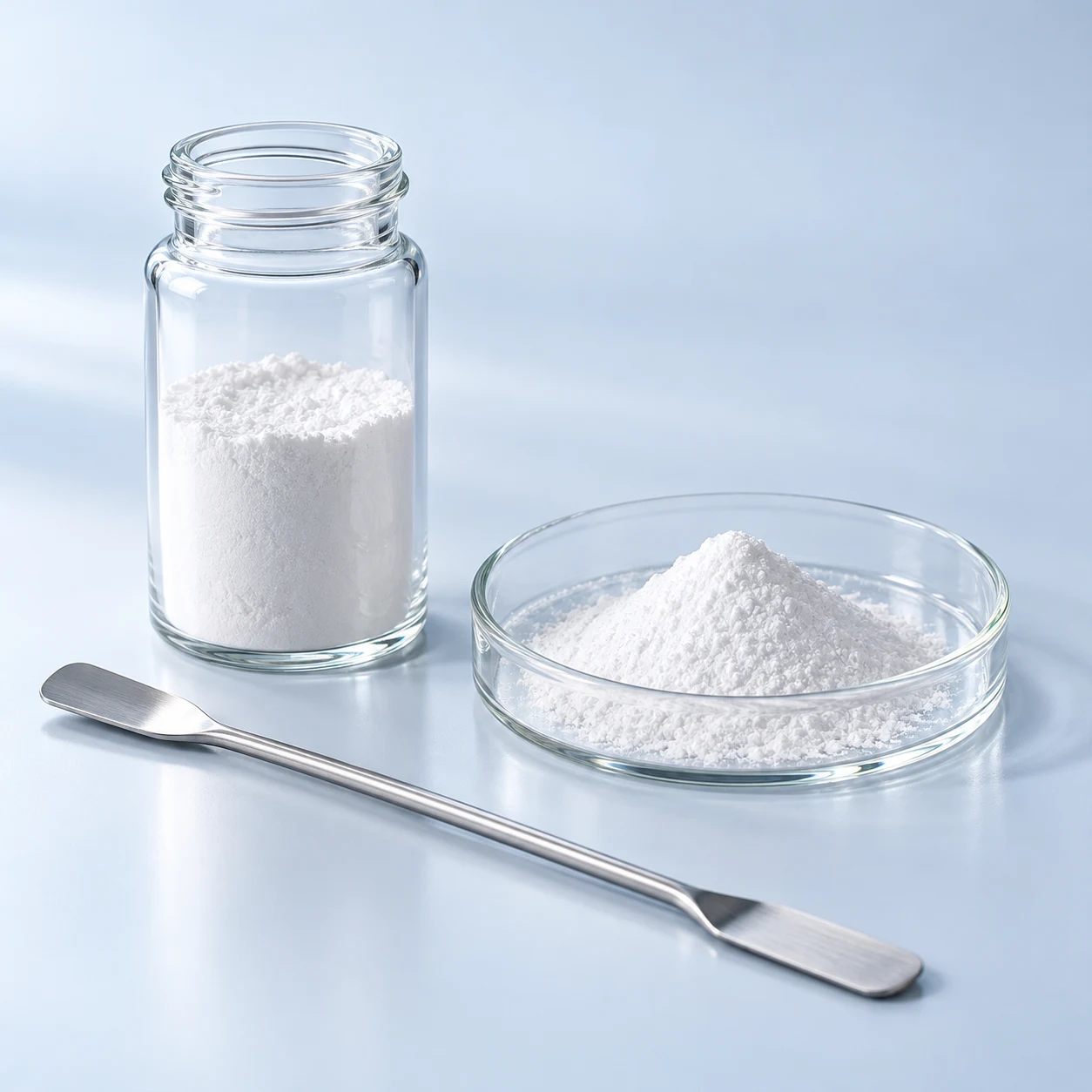 Illustrative appearance of a white powder in a glass sample dish