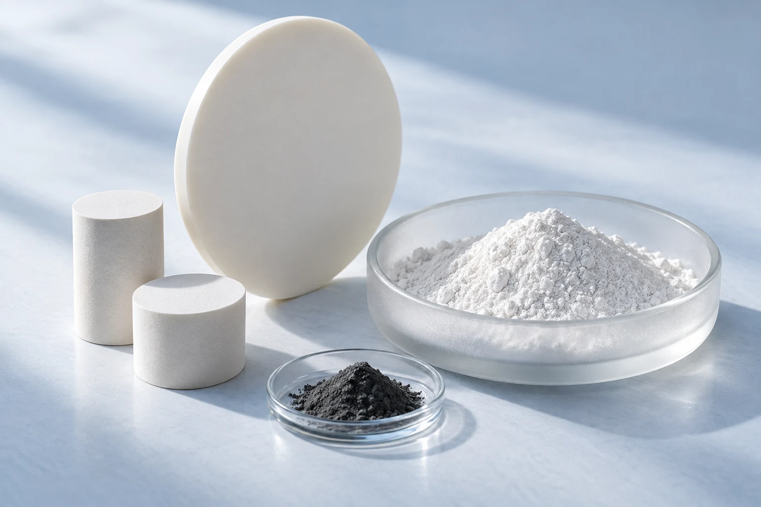 White ceramic powder in a glass sample dish