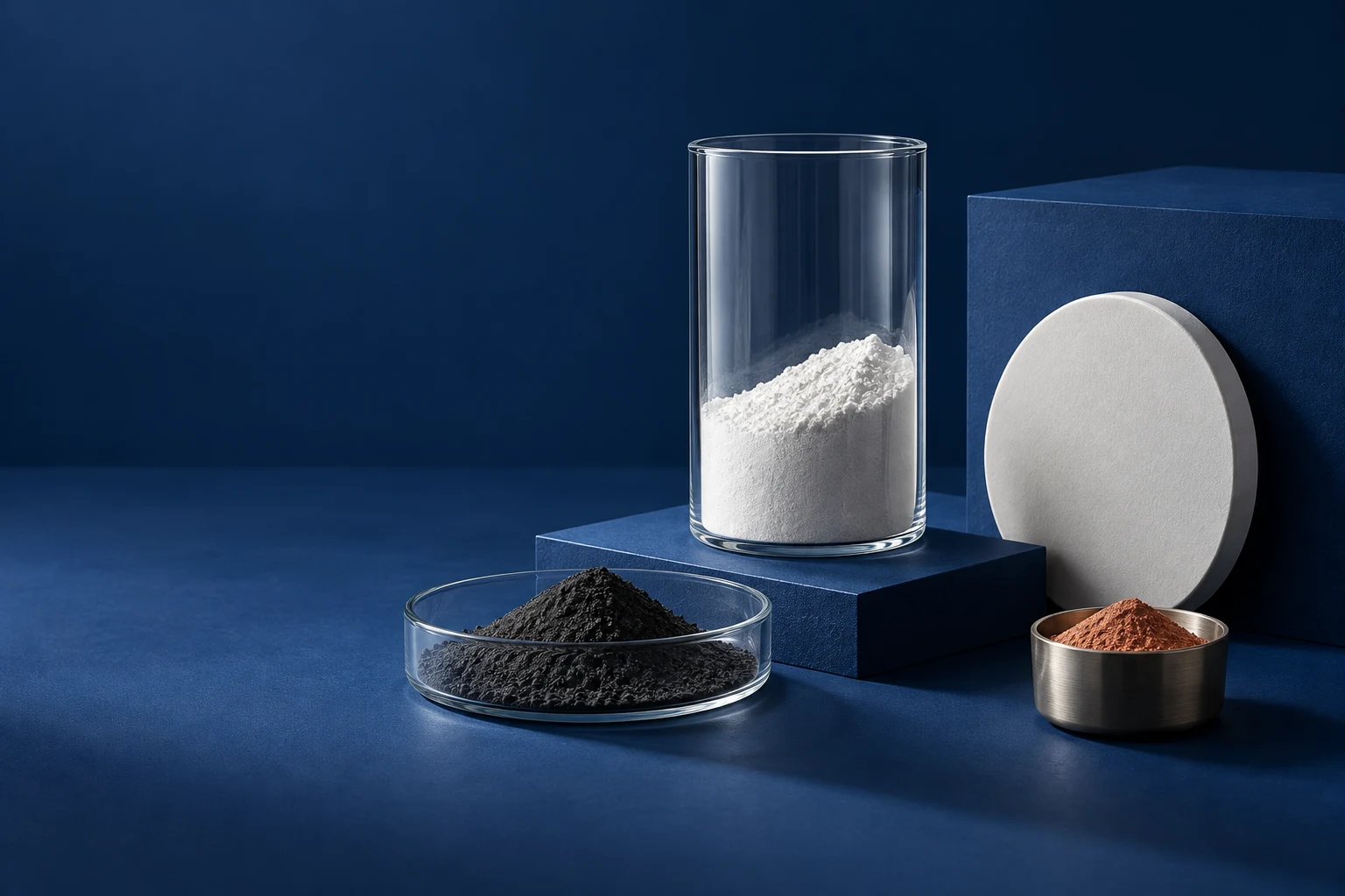 White, carbon-colored and copper-colored powder specimens with a ceramic disc